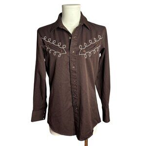 Vintage Karman Western Pearl Snap Shirt Brown Embroidered Long Sleeve Medium